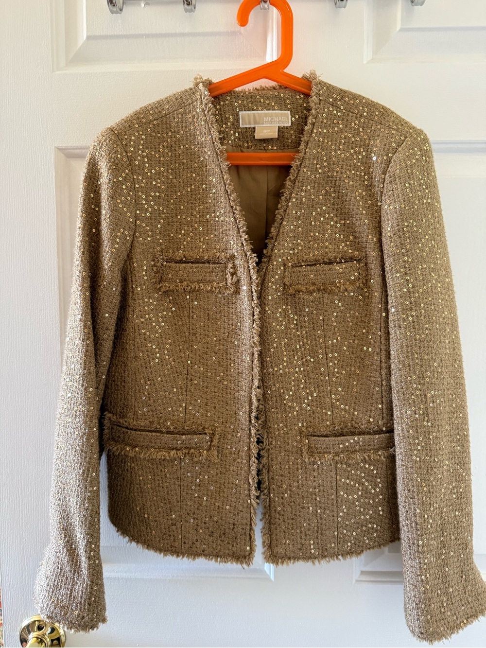 Michael Kors Tan Sequin Tweed Collarless Jacket